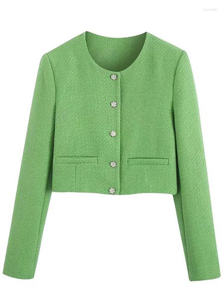 Jaquetas femininas Evfer Moda feminina Joias Botões Curto Verde Primavera Outono Chique Senhora Decote O Manga Comprida Textura Sólida Outwear