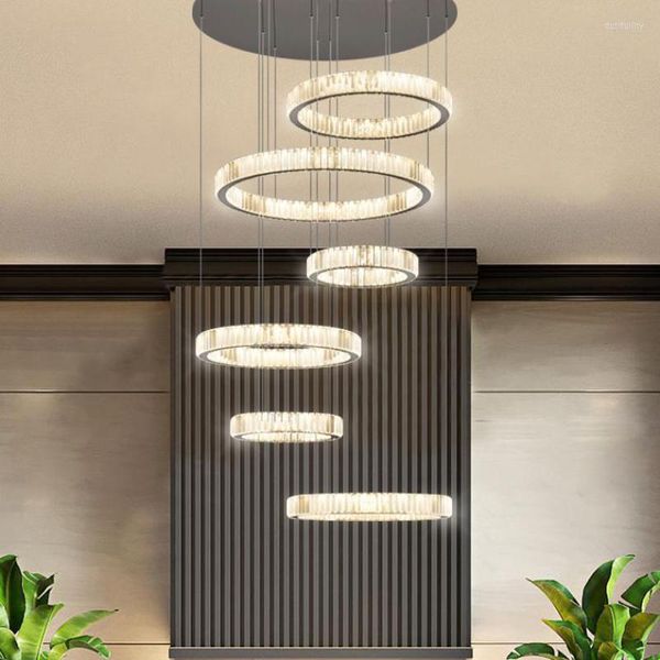 Люстры эль -холл роскошные стальные светодиоды RC Dimmable подвесные светильники Luster K9 Crystal Hanging Lamp Villa Circle Room Circle