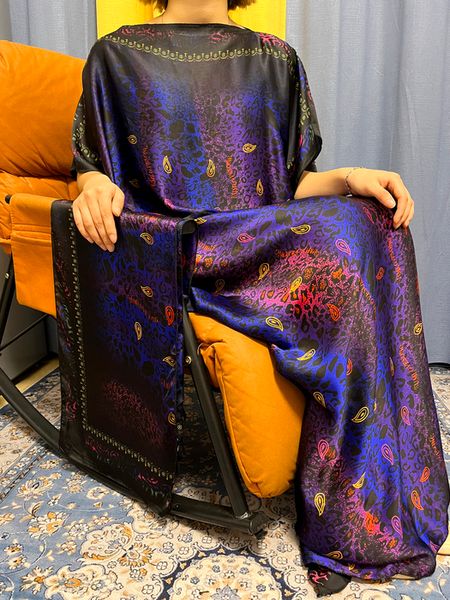 Roupas étnicas Muçulmanas Moda Abayas Para Mulheres 2023 Roxo Estampado Manga Curta Seda Jilbab Africano Tradicional Verão Mulher Vestidos Com Turbante 230613