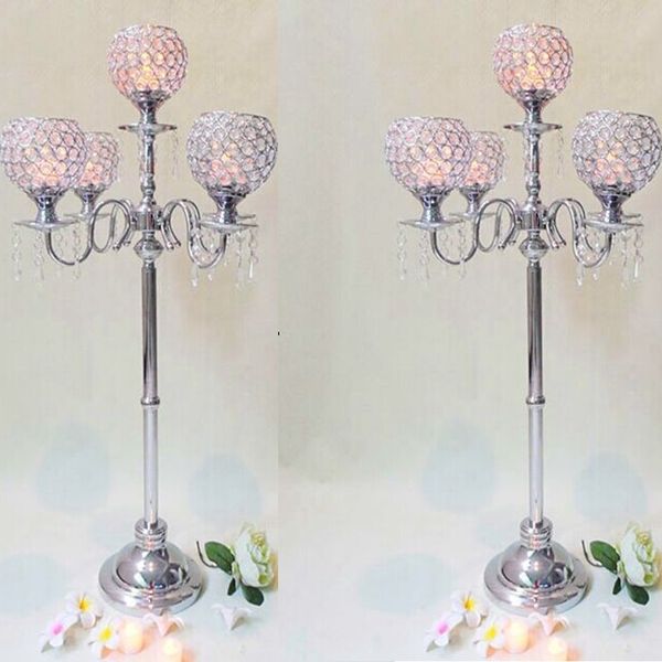 Candelabro de ouro de cristal de decoração de luxo por atacado 5 braços para mesa de cerimônia de casamento peças centrais de suporte de vela