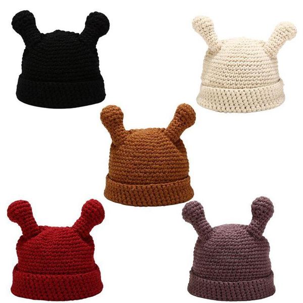 Gorro Feminino de Tricô de Crochê de Inverno Cor Sólida Bonito Desenho Animado Antena de Tentáculo Harajuku Algema de Algema de Aluno Crânio 303n