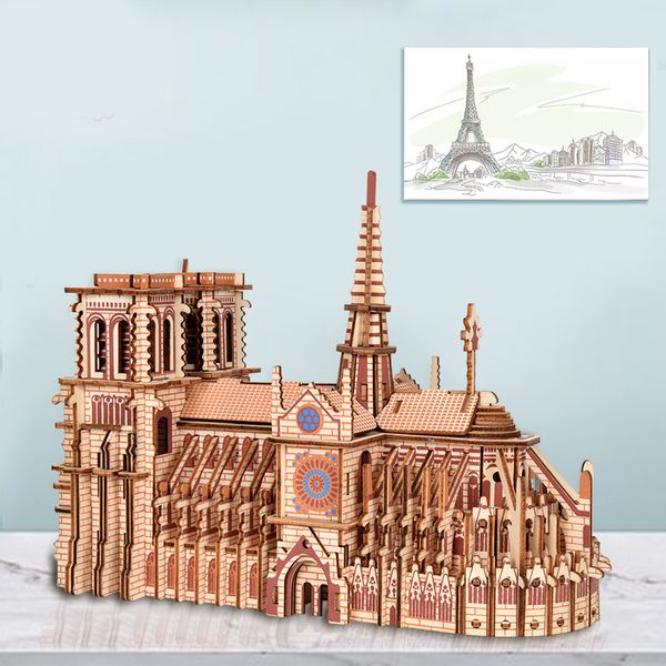 Spielmatten 3D Holzpuzzles Kathedrale Notre Dame Segelboot Flugzeug DIY Puzzle Holzhandwerk Kit Bildung Spielzeug für Kinder Gebäude Roboter Modell 230613