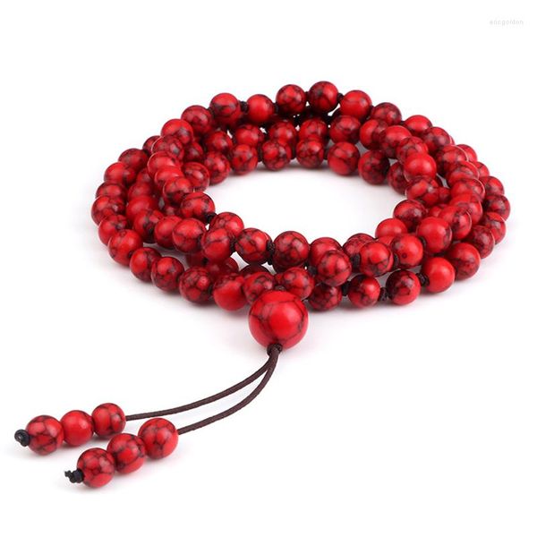 Pulseira de alta qualidade feita à mão com nó 6 mm 108 contas mala colar de oração de pedra vermelha buda budista homens mulheres pulseiras jóias