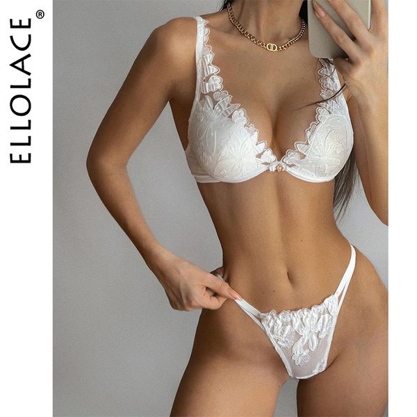 Reggiseni Ellolace Fantasia Sexy Lingerie Pizzo Ricamo Intimo Reggiseno push up in spugna Set Donna 2 pezzi Completo bianco senza cuciture 230613