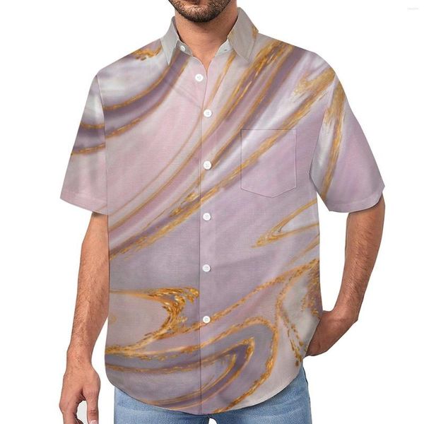 Camisas casuais masculinas Camisa solta líquida para homem Férias Rosa Mármore e dourado Gráfico havaiano Mangas curtas Streetwear Blusas grandes