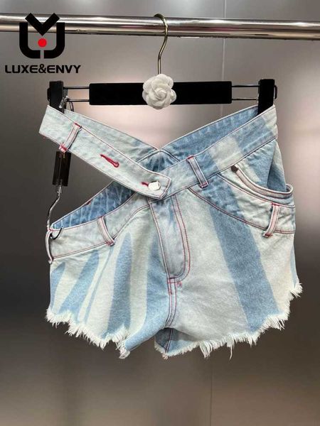 Shorts feminino LUXE ENVY Minority Design cintura oca contraste listra vertical borda crua shorts jeans 2023 primavera/verão novo feminino