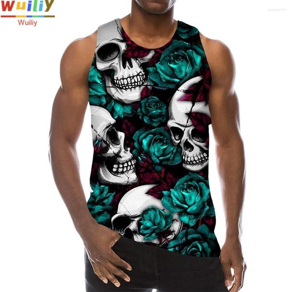 Canotte da uomo Green Rose Skull Graphic Top per uomo Stampa 3D Modello senza maniche Scheletro Gilet Pittura Hip Hop