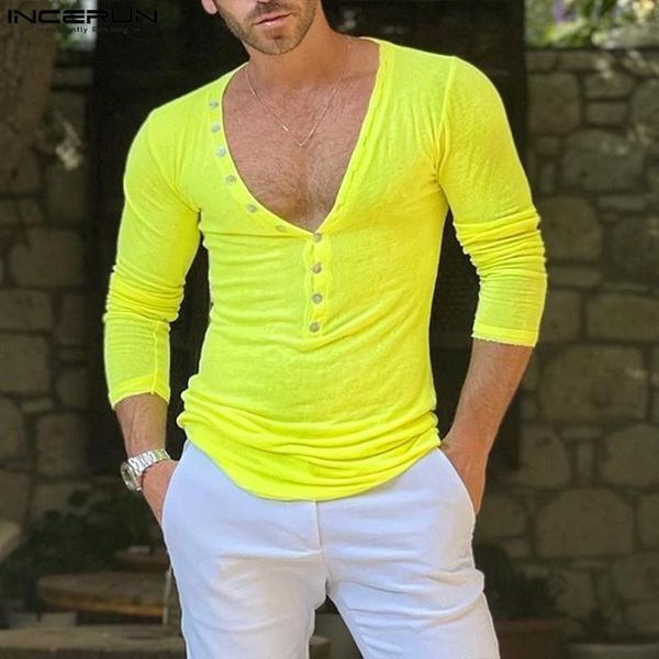 T-Shirts Masculinas INCERUN T-Shirt Masculina Cor Sólida Decote em V Manga Longa Botão Casual T-shirt Fina Tops Fitness Streetwear Elegante Camisetas S-5XL 230613