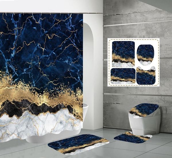 Vorhänge, bunte Marmor-Duschvorhänge für Badezimmer, wasserdicht, abstrakte Tintenfarbe, Blau und Gold, waschbarer Vorhang, Teppich, WC-Badematten-Sets