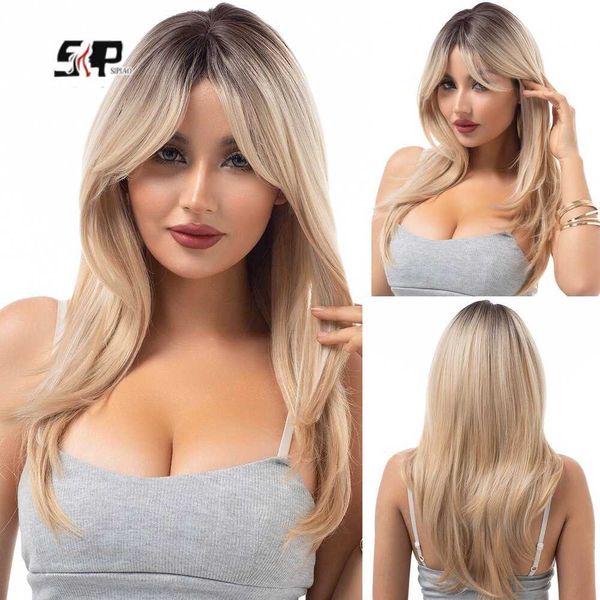 Spitze Perücken SP Synthetische Perücke für Damen, lang, blond, achtfiguriger Pony, geschichtete Perücken, geeignet für alltägliche Partys Z0613