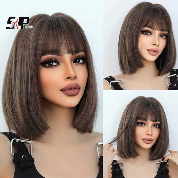 Perucas de renda marrom curto bob peruca menina uso diário peruca sintética novo estilo natural macio verão resistente ao calor peruca com franja Z0613