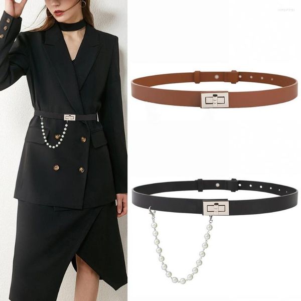 Cinture di perle per donna Cintura in pelle PU Jean Dress Coat Ragazza Chiusura Perle Nappa Cintura Fibbia in lega Marrone Morbido