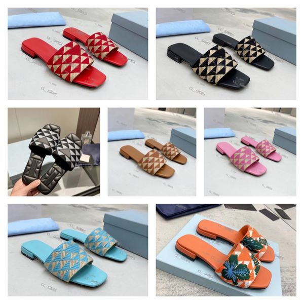 Designer Slides Sandálias Metálicas Slide Mulheres Chinelos de Tecido Bordado Luxo P Sandália Triângulo Verão Praia Salto Baixo Diamante Sapatos Jacquard