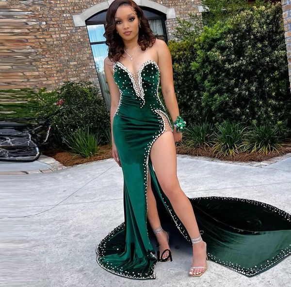 Vestido formal de baile de formatura feminino com diamantes brilhantes 2023 verde esmeralda fenda alta sereia festa de aniversário vestidos de noite para meninas negras robe de soiree