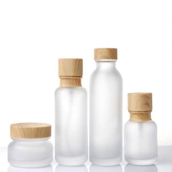 Vaso di vetro smerigliato Bottiglie di crema Vasetti cosmetici rotondi Bottiglia per pompa per lozione per il viso con tappo a grana di legno Vbqdx