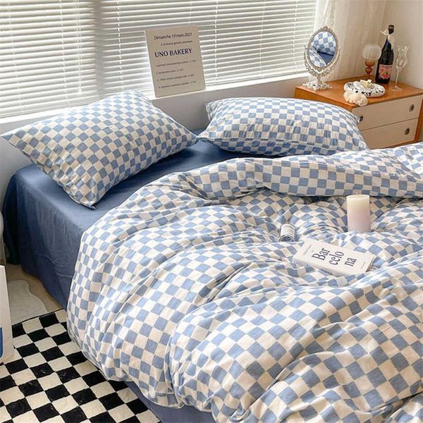 Set di biancheria da letto Copripiumino nordico scozzese blu 220x240 custodia Lenzuolo 3 pezzi4 pezzi Set di biancheria da letto a scacchiera 200x230 trapunta Z0612