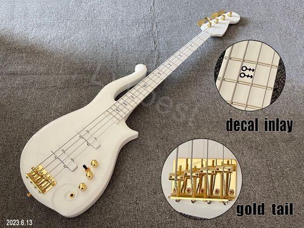 Basso elettrico Chitarra 4 corde Forma paletta personalizzata Parti in oro Stampa Deacal Intarsio e segni laterali Chitarra intera Vernice alta