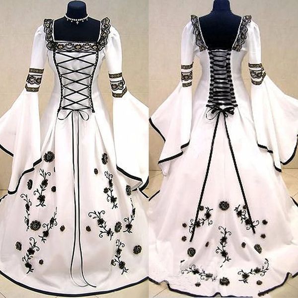 Vestidos de Noiva Medievais Bruxa Celta Tudor Renascentista Preto e Branco manga longa gótico espartilho vitoriano vestido de noiva