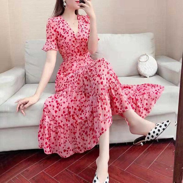 Lässige Kleider Lucyever Rosa Blumen-Sommerkleid für Frauen, koreanisches bedrucktes Chiffon-V-Ausschnitt, lange Kleider, weiblich, elegante Rüschen, A-Linie, Partykleid Z0612