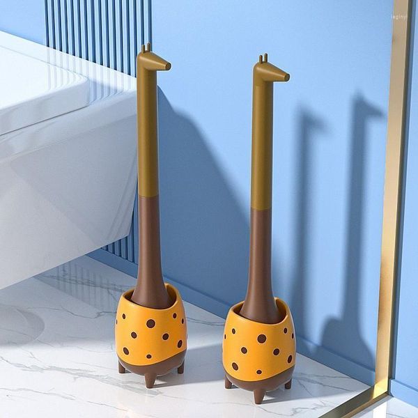 Set di accessori per il bagno Scopino per WC in plastica senza angoli morti Manico lungo per uso domestico Accovacciato Carino a forma di giraffa ZD538