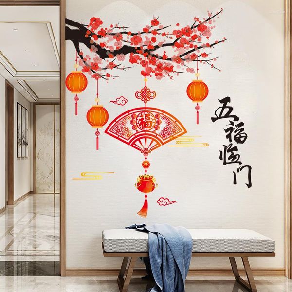 Adesivi murali Ventaglio cinese Fiore di prugna Lanterne Anno e Festival di primavera Decorazioni per soggiorno Accessori per la casa