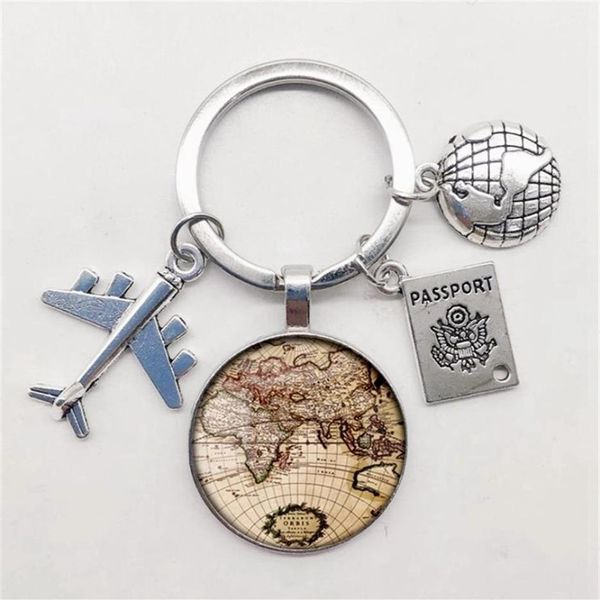 World Map Keychain Travel Exploring Glass Dome Cabachon Aircraft Charm Pendant Men s and Women s Gift Jewelry 2206232780329266J