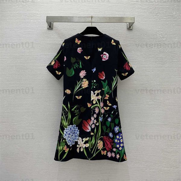 Abiti firmati casual Donna Perline con fiori di diamanti Motivo con stampa a farfalla Versione a trapezio del girocollo Abito floreale a maniche corte Abbigliamento per stilisti