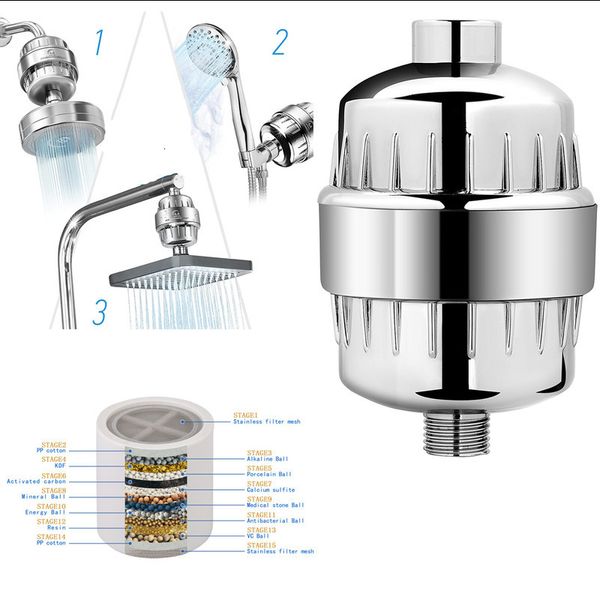 Badezimmer-Duschköpfe, 15-stufiger Duschwasserfilter, entfernt Chlor, Schwermetalle, gefilterter Duschkopf, weicher für hartes Wasser, Duschwasserreiniger 230612