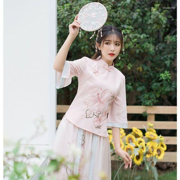 Этническая одежда весенняя китайская стиль женщин винтажный костюм Hanfu Улучшенное Qipao Top Set Shifling Юбка цветочная вышивка