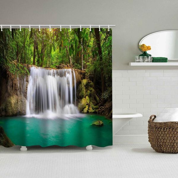 Cortinas venda imperdível lago natural cachoeira impressão cortina de chuveiro à prova d'água não perfurada cortina de banheiro
