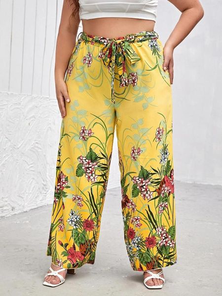 Hosen Plus Größe Elegante Sommer Frühling Elastische Taille Schärpen Casual Frauen Gelb Blumen Druck Breite Bein Boho Große 7XL