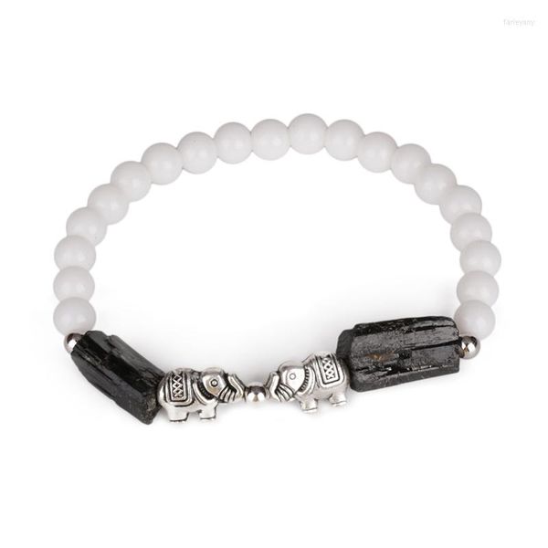 Strand Double Elephant Charm Natural Rough Black Tourmaline Healing Calm Stone Bead White Glossy Energy Bracciali per uomo donna