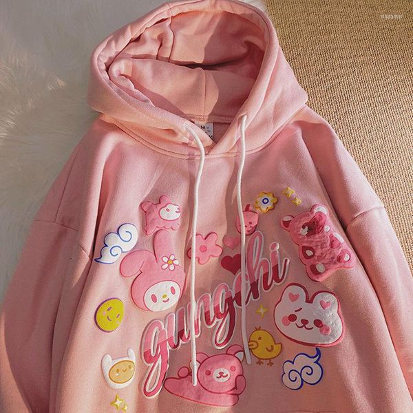 Moletons femininos fofos com estampa de desenho animado outono feminino lindos moletons rosa Harajuku casual superdimensionado para menina adolescente feminino streetwear