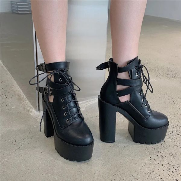 Scarpe autunnali bianche 2023 stivali da tallone alto piattaforma rotonda con fibbia punk punk stivali neri donne bota femenina