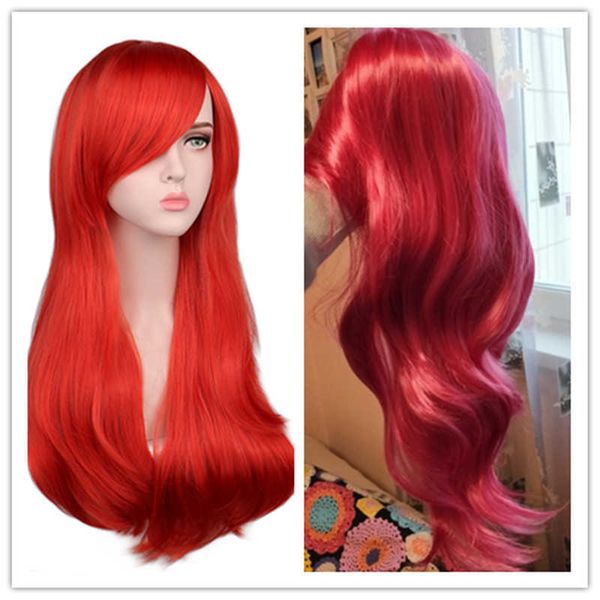 Кружевные парики Qqxcaiw Женщины длинные волнистые косплей парик красная розовая розовая черная синяя серая коричневая температура синтетические парики волос Z0613