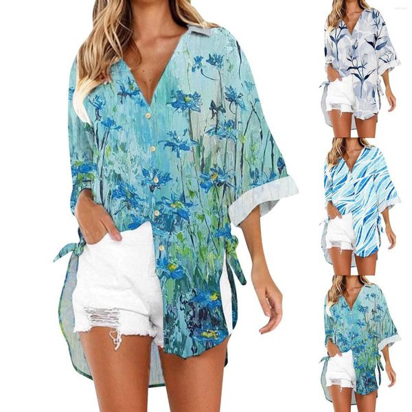 Roupa de banho feminina camisa de botões vestido manga longa maiô saídas casuais túnica blusa top