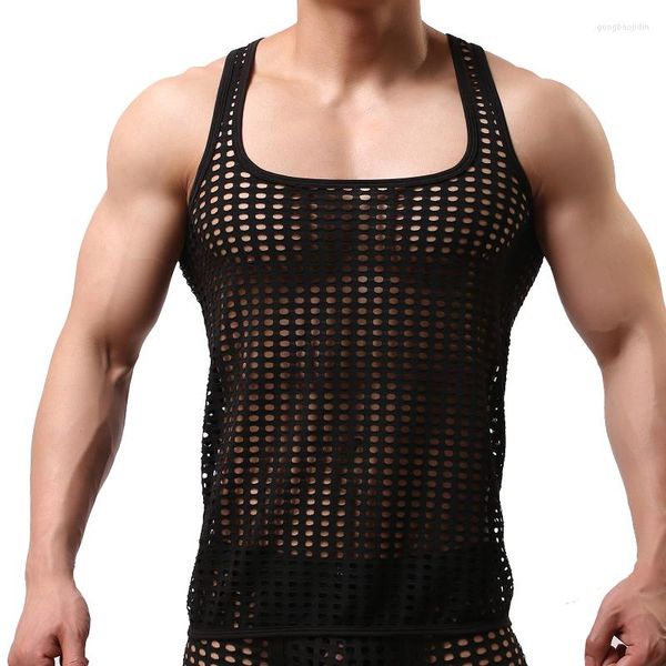 Regatas masculinas Camisetas masculinas transparentes sem mangas Sexy Muscle Fishnet Vazio Undershirts Colete Fitness Malha Esportiva Roupas Masculinas