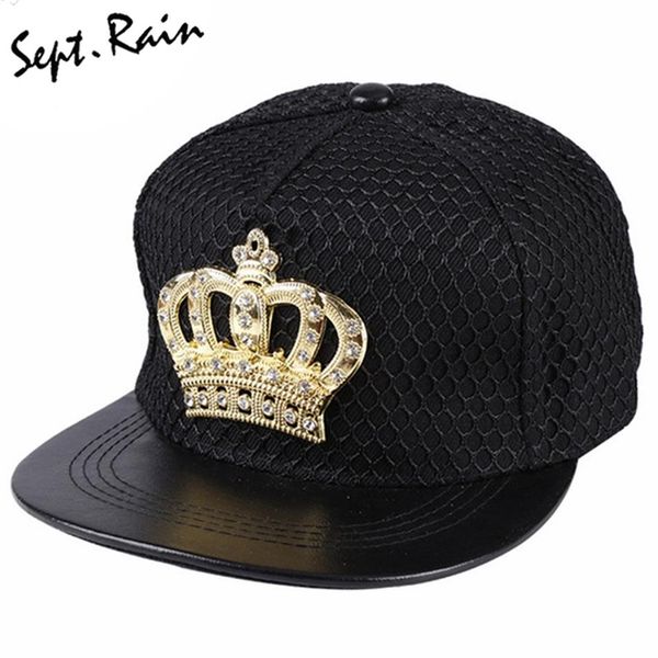 Whole- Sept Rain 2017 New Fashion Crown Metal Logo Snapback Hat Bone With Diamond PU Leather Snapback Hip Hop Baseball Caps 246W