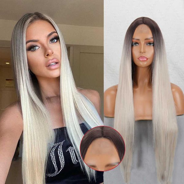 Lace Wigs Long Straight Synthetic Mid-point Wig Black To Grey Wigs Adequado para Black/White Women Daily/Cosplay Z0613
