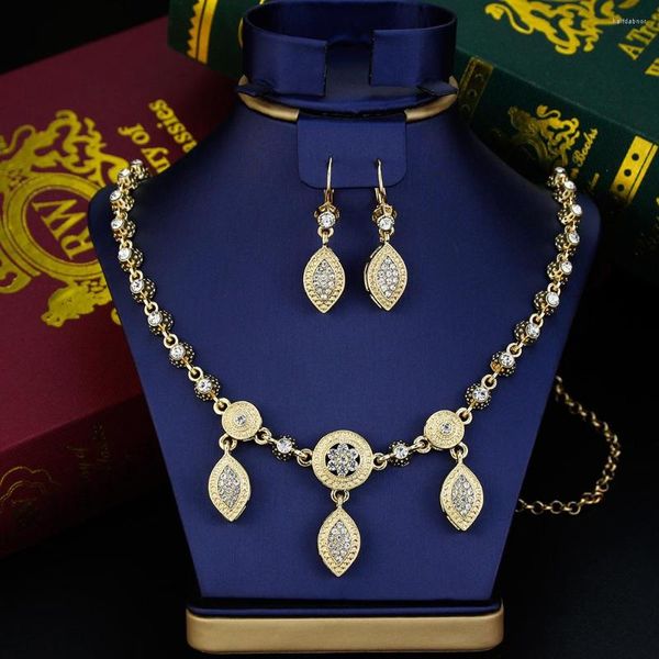 Collana Orecchini Set Sunspicems Oro Colore Algeria Sposa Cristallo Orecchino Fascino Per Le Donne Capelli Lunghi Catena Fronte Gioielli