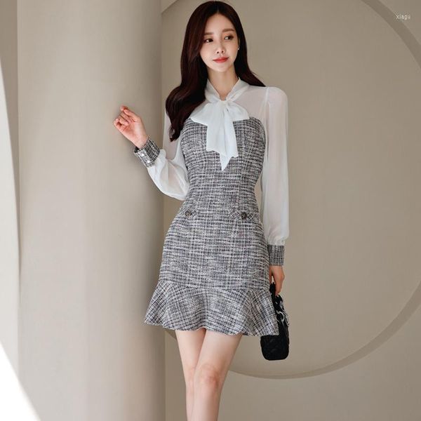 Casual Kleider Frühling Koreanische Mode Temperament Kleine Duft Plaid Tweed Meerjungfrau Kleid Bogen Chiffon Patchwork Bodycon