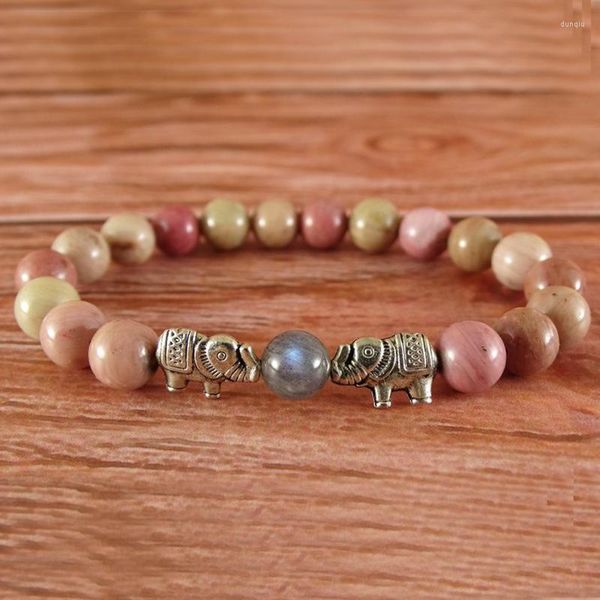 Pulseiras Charm 8mm Rhodonite Labradorite Mala Beads Pulseira Frisada Elefante Healing Meditation Jóias Yoga Presente Para Mulheres