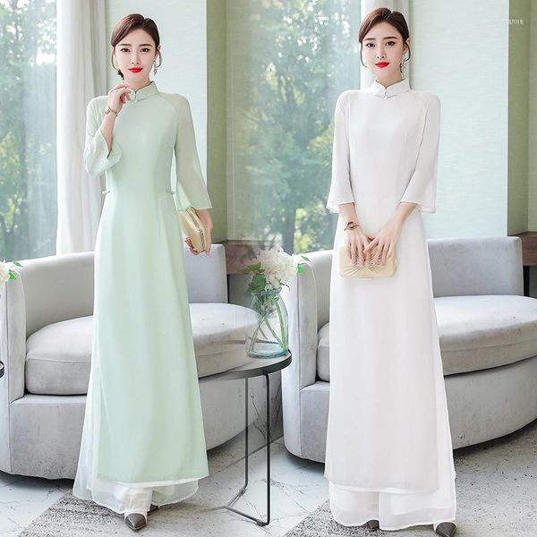 Этническая одежда весна лето Ao dai Вьетнам Slim Set Women Long Tops Широкие брюки для ног.