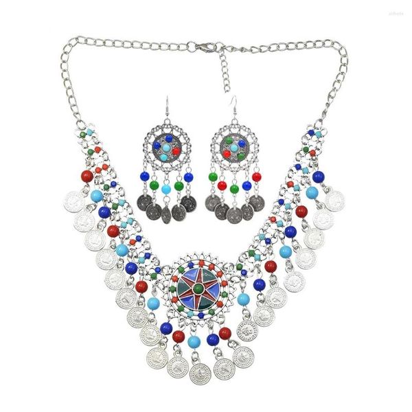 Halskette Ohrringe Set bunte Perlen Münze Quaste Halsband für Frauen Vintage Gypsy Tribal Afghani Türkei ethnischen Kleid Schmuck