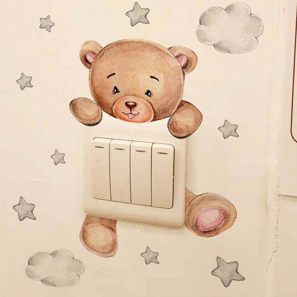 Autoadesivo dell'interruttore della stella dell'orso del fumetto per la decorazione della camera da letto della stanza del bambino del capretto murale carta da parati autoadesiva della decorazione della casa decalcomanie della parete carine