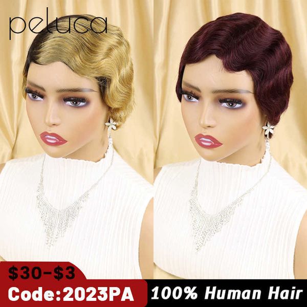 Peruca de renda curta dedo onda peruca de cabelo humano brasileiro para mulheres negras marrom loira curta oceano onda peruca peruca bordô pixie cut perucas z0613