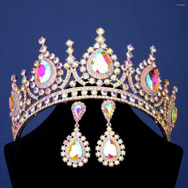 Fermagli per capelli DIEZI Elegante AB Goccia d'acqua Cristallo Tiara Corona Gioielli da festa Orecchini da sposa con strass Set da sposa di lusso