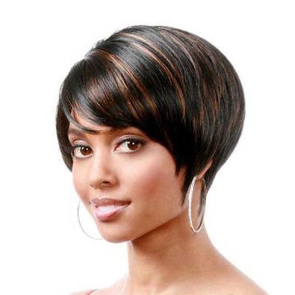 Dantelli peruklar sevinç güzelliği kısa bob peruk sentetik peruk patlama ile 10 inç siyah kahverengi saç perukları Siyah kadın partisi ve günlük kullanılmış Z0613