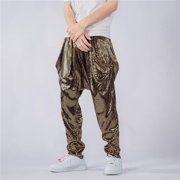 Calça masculino lantejoulas de ouro brilhantes joggerspants par dança de dança de dança de boate de harém calças de calça masculino cantor de baile de formatura