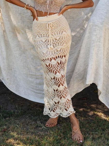 Abiti Aproms Bohemian Crochet Kintted Maxi gonna lunga Donna Vintage Cotton Scava fuori Gonne Ladies Summer Beach Gonne a tubino 2022